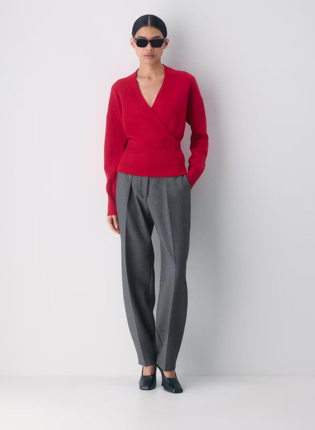 Women's Wrap V‑Neck Long Sleeve Ribbed Waist Knit Sweater