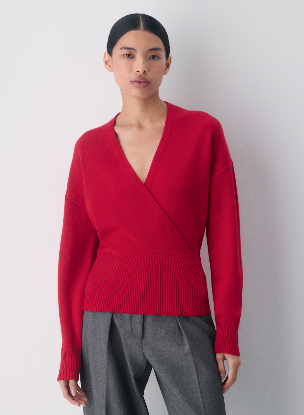 Women's Wrap V‑Neck Long Sleeve Ribbed Waist Knit Sweater