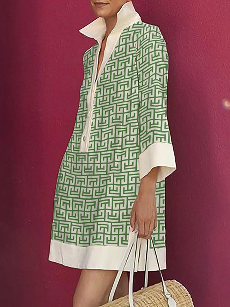 WOMEN'S THREE-QUARTER SLEEVES PRINTED LAPEL SHIRT DRESS (BUY 2 FREE SHIPPING)