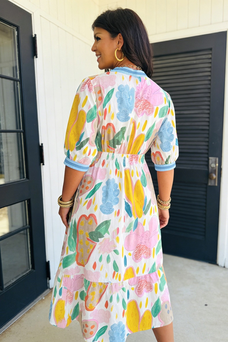 Women's Watercolor Floral Elastic Waist Midi Dress