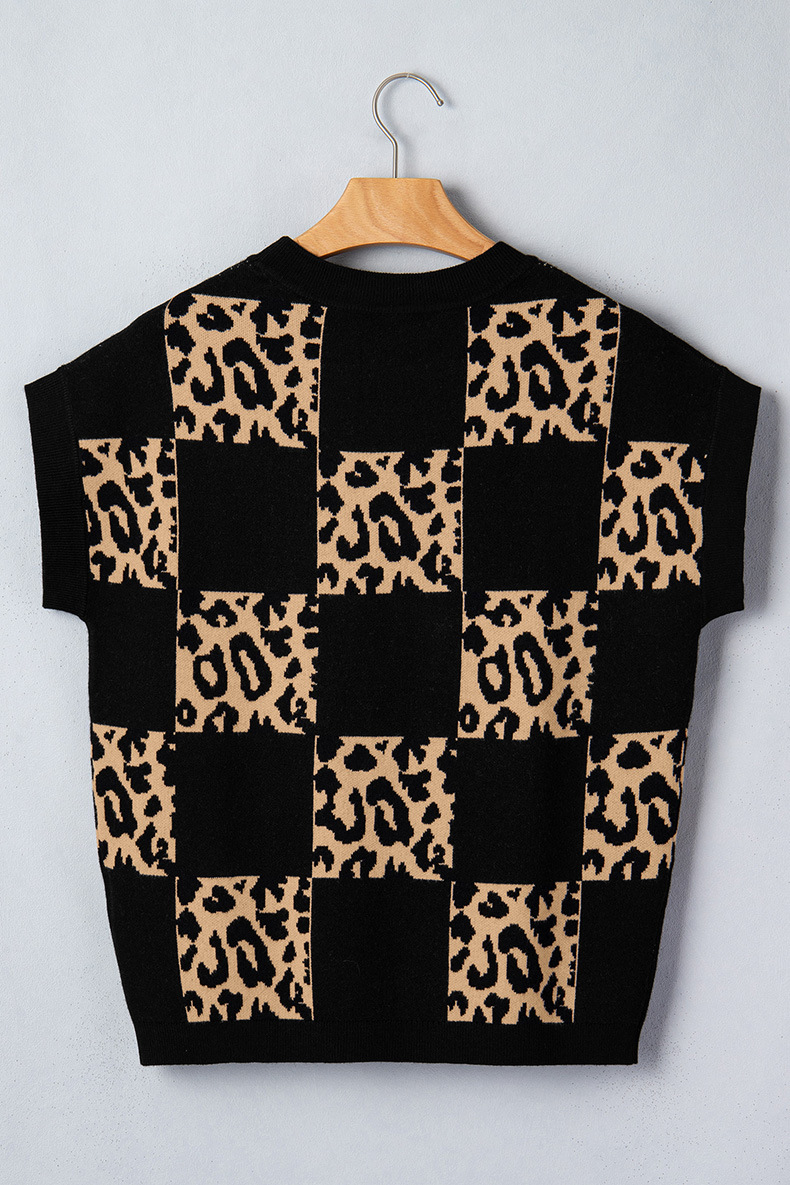 Women's Leopard Print Checkerboard Short-Sleeve Knit Top