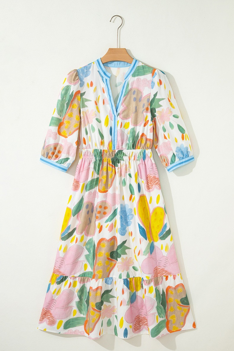 Women's Watercolor Floral Elastic Waist Midi Dress