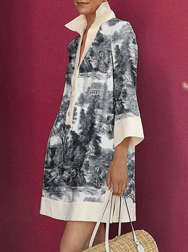 WOMEN'S THREE-QUARTER SLEEVES PRINTED LAPEL SHIRT DRESS (BUY 2 FREE SHIPPING)