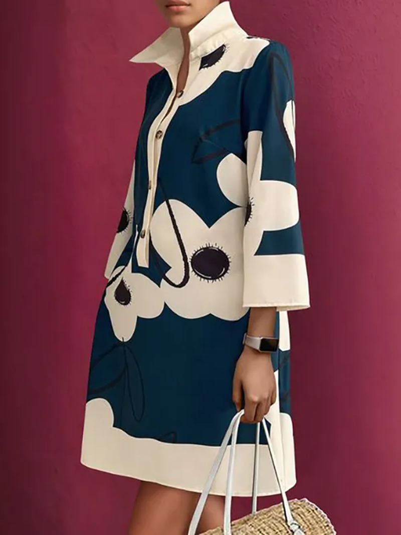 WOMEN'S THREE-QUARTER SLEEVES PRINTED LAPEL SHIRT DRESS (BUY 2 FREE SHIPPING)