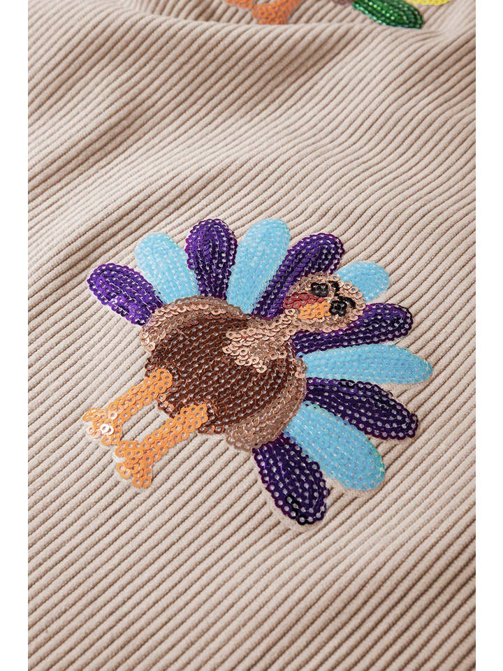 Women's Sequin Turkey Patch Thanksgiving Corduroy Sweatshirt (Buy 2 Free Shipping)