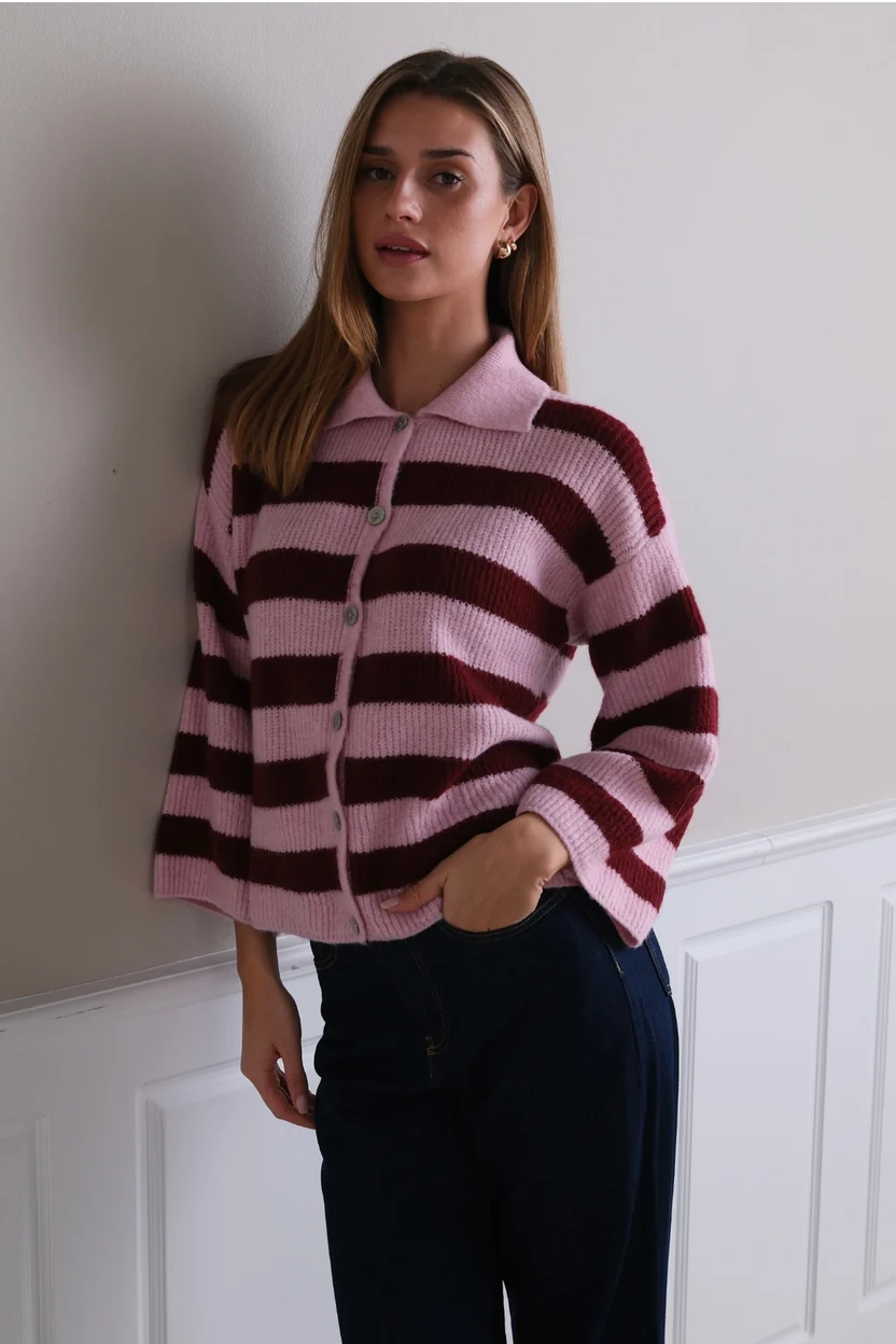 Casual Striped Long Sleeve Button Up Knit Sweater