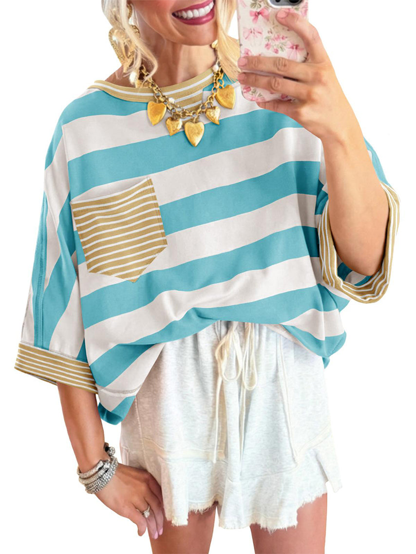 ⏰Hot Sale-Women's T-shirts Striped Drop Shoulder Pocket T-shirt