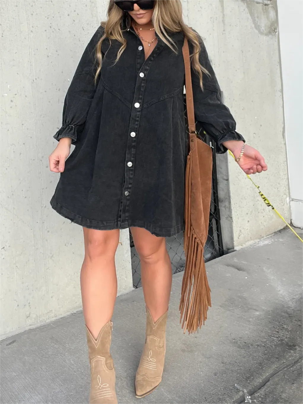 WASHED DENIM PUFF SLEEVE DRESS