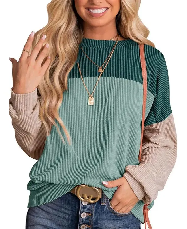 🔥🔥🔥🔥Women's Crewneck Color Block Ribbed Tops