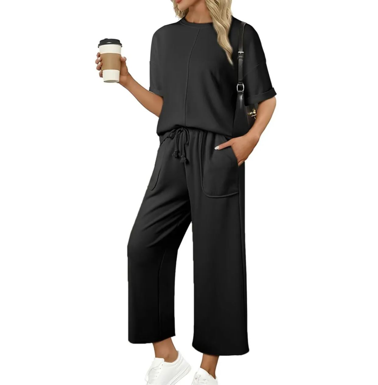 Women's 2-Piece Lounge Set – Oversized Tee & Wide-Leg Pants
