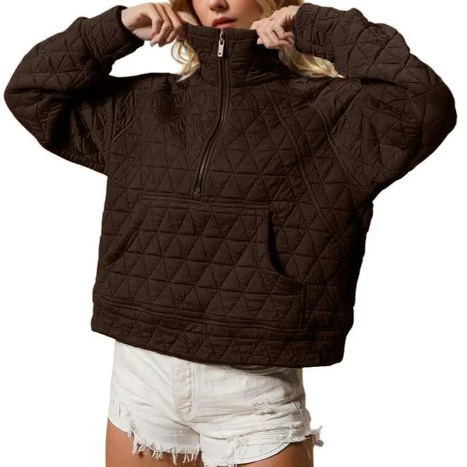 Women's Quilted Puffer Jacket Half-Zip Pullover Sweatshirt Long Sleeve Lightweight Fall Casual Oversize Warm Outerwear(BUY 2 FREE SHIPPING)