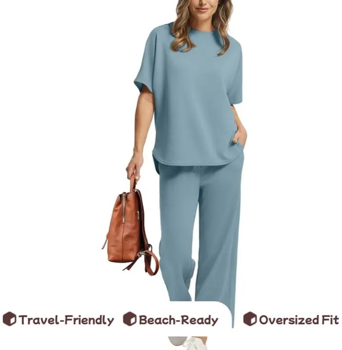 Two Piece Sets for Women Summer Outfits Oversized Wide Leg Crop Pants Lounge Sets Airport Beach Vacation Clothes