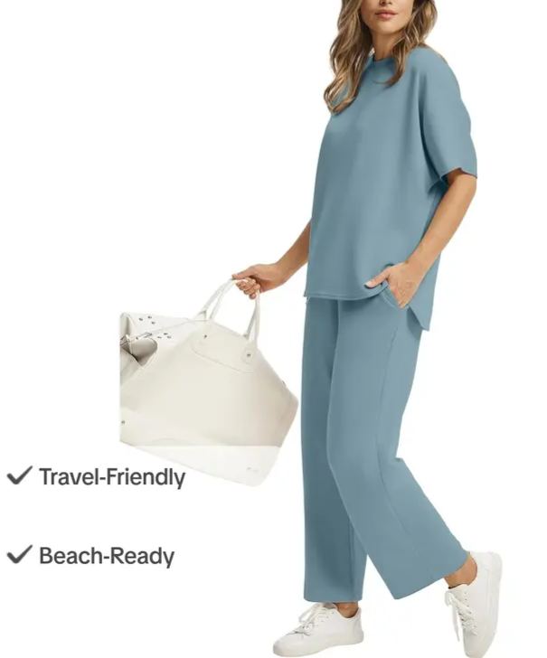Two Piece Sets for Women Summer Outfits Oversized Wide Leg Crop Pants Lounge Sets Airport Beach Vacation Clothes