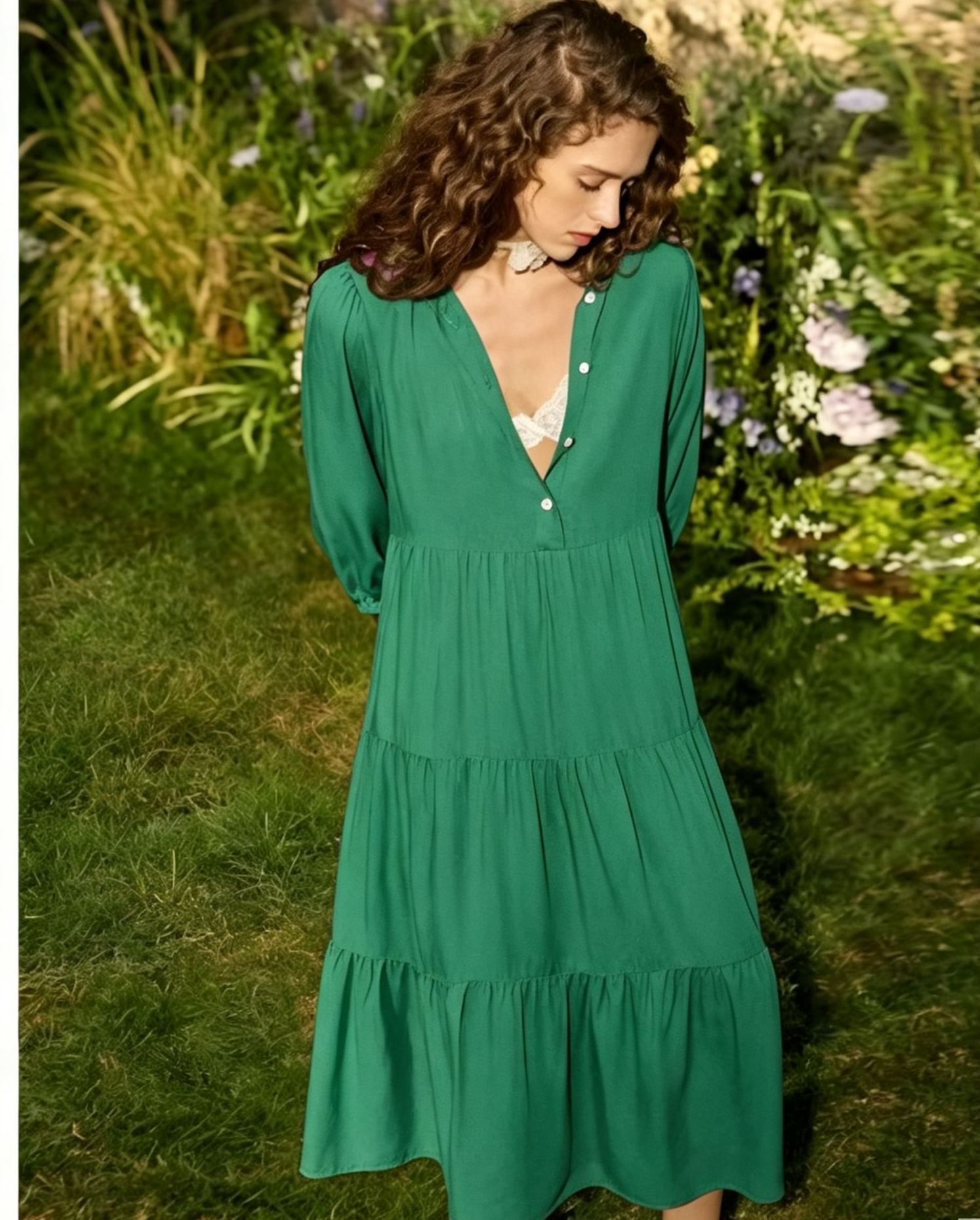 Women's Casual Flowy Collared 3/4 Sleeve Tiered Midi Shirt Dress