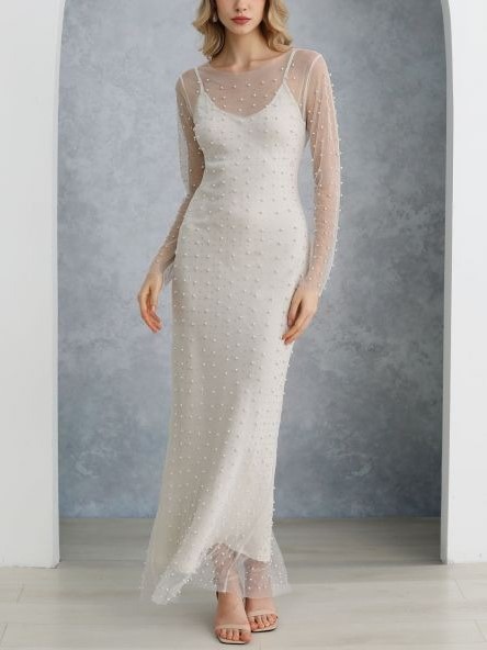 Full Pearl Sheer Mesh Cover-Up Maxi Dress (Buy 2 Free Shipping)
