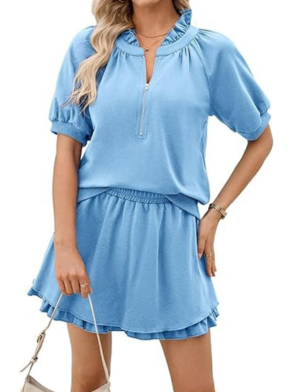 Women Half Zip Up Tops and Ruffled Shorts Lounge Set