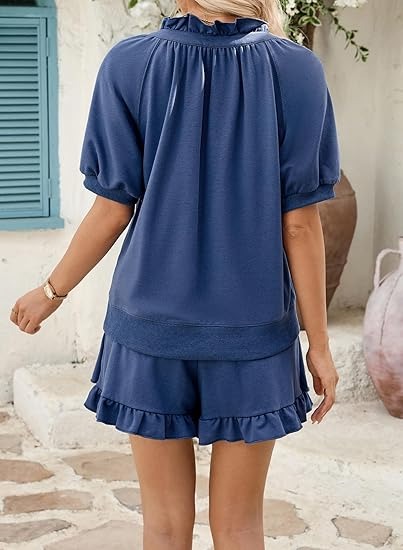 Women Half Zip Up Tops and Ruffled Shorts Lounge Set