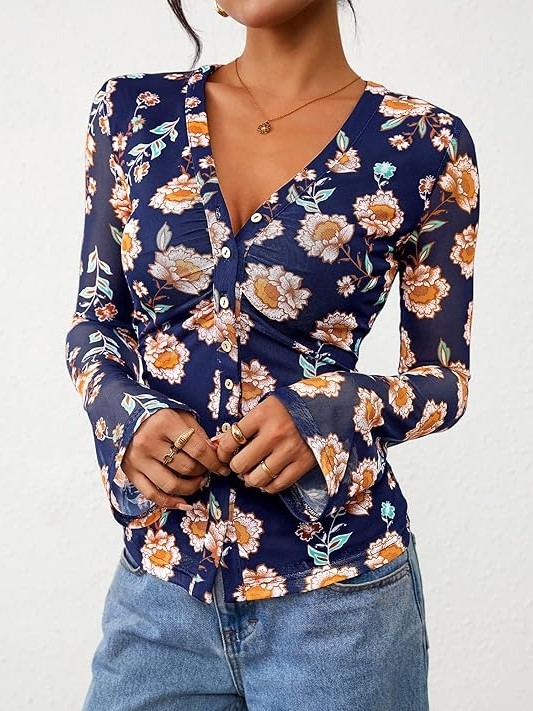 Women's Bohemian Garden Flower Ruched Button Top (Buy 2 Free Shipping)