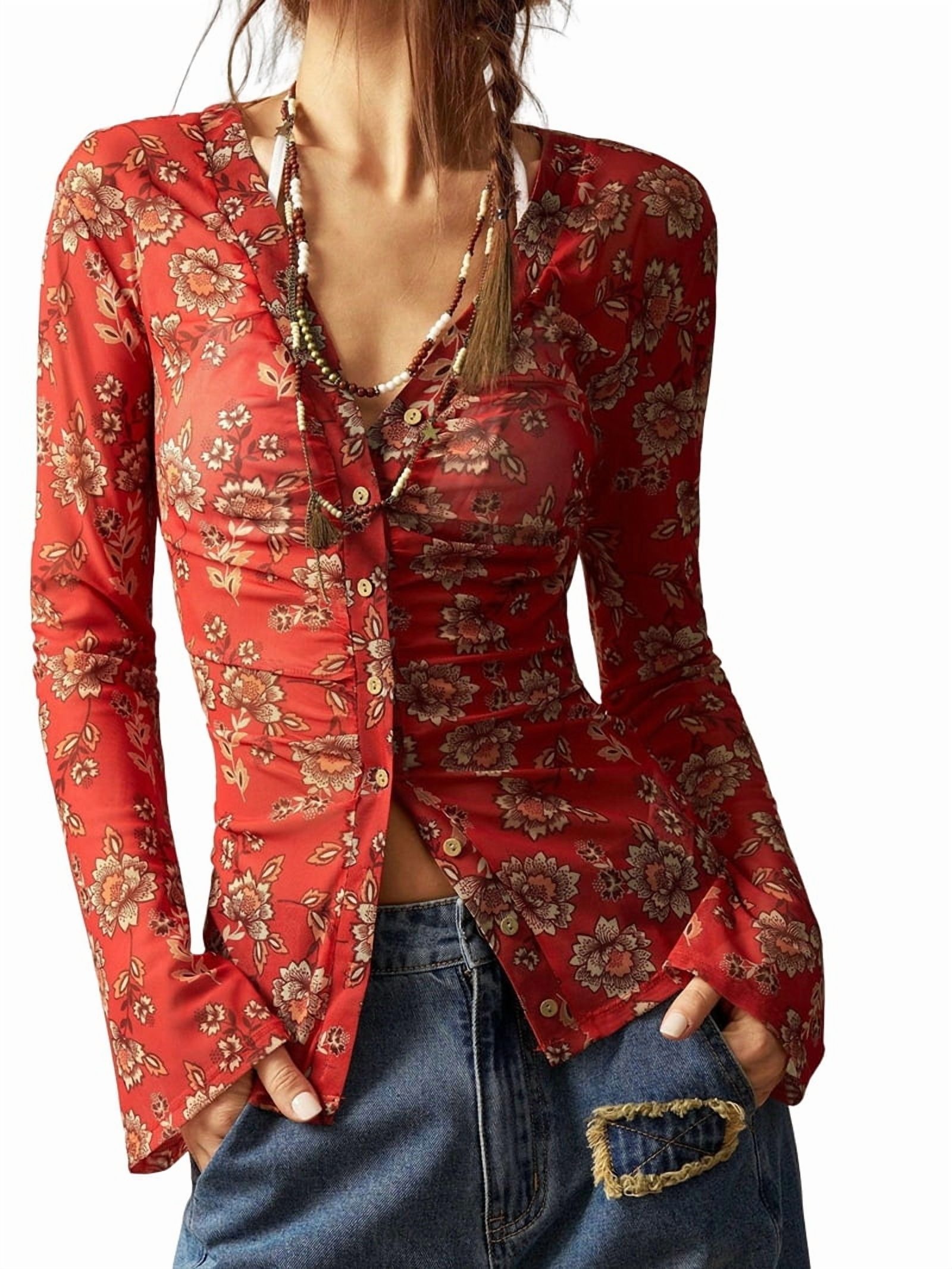 Women's Bohemian Garden Flower Ruched Button Top (Buy 2 Free Shipping)