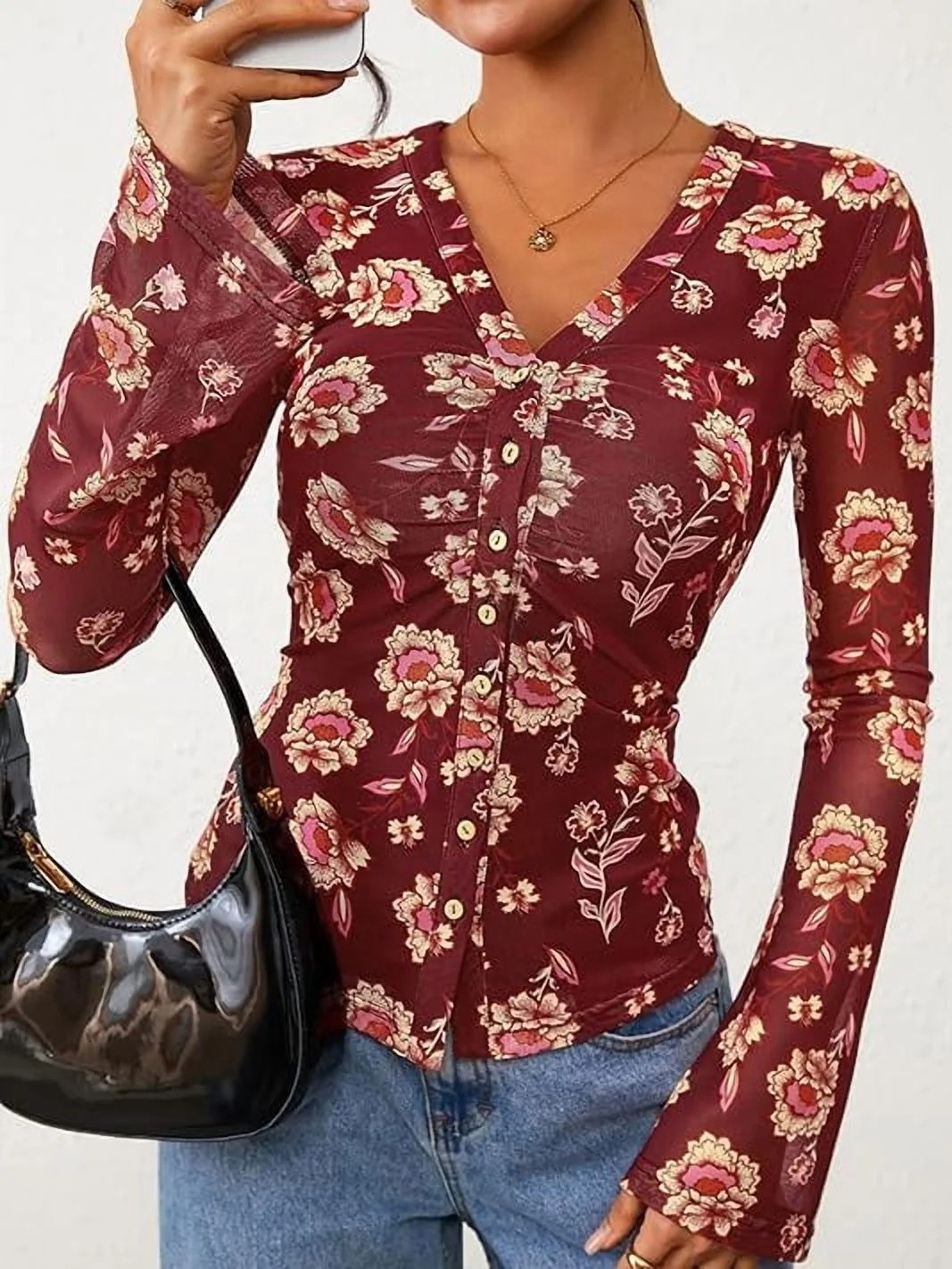 Women's Bohemian Garden Flower Ruched Button Top (Buy 2 Free Shipping)