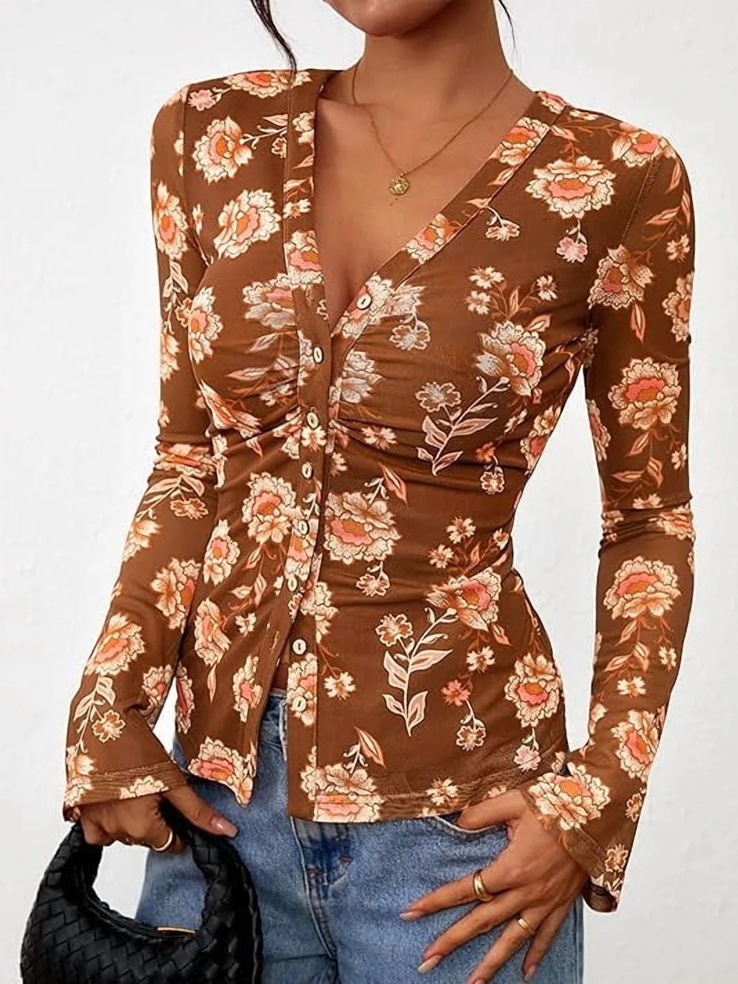Women's Bohemian Garden Flower Ruched Button Top (Buy 2 Free Shipping)