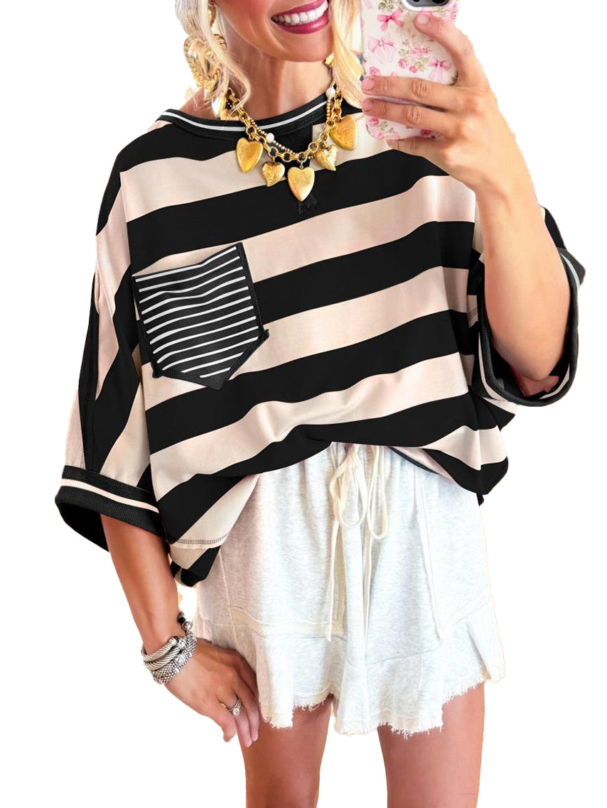 ⏰Hot Sale-Women's T-shirts Striped Drop Shoulder Pocket T-shirt