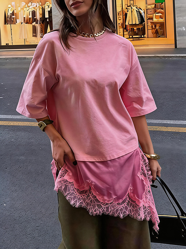 Stylish Round Neck Short-sleeved Patchwork Lace Hem Loose T-shirt