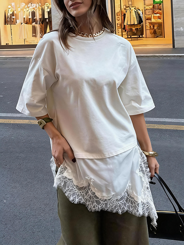 Stylish Round Neck Short-sleeved Patchwork Lace Hem Loose T-shirt