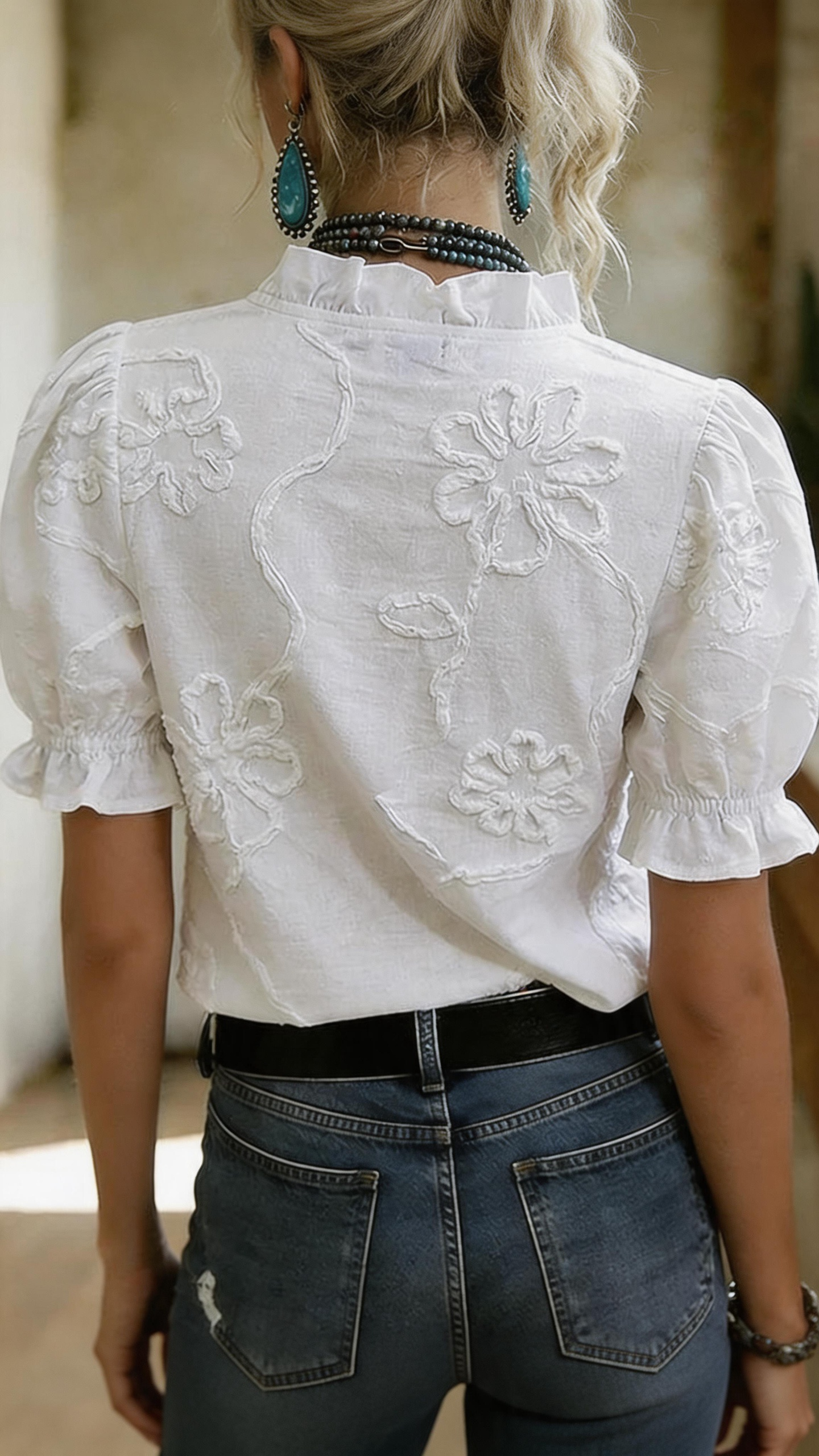 Flower Embroidered Ruffle Neck Puff Sleeve Cotton Top