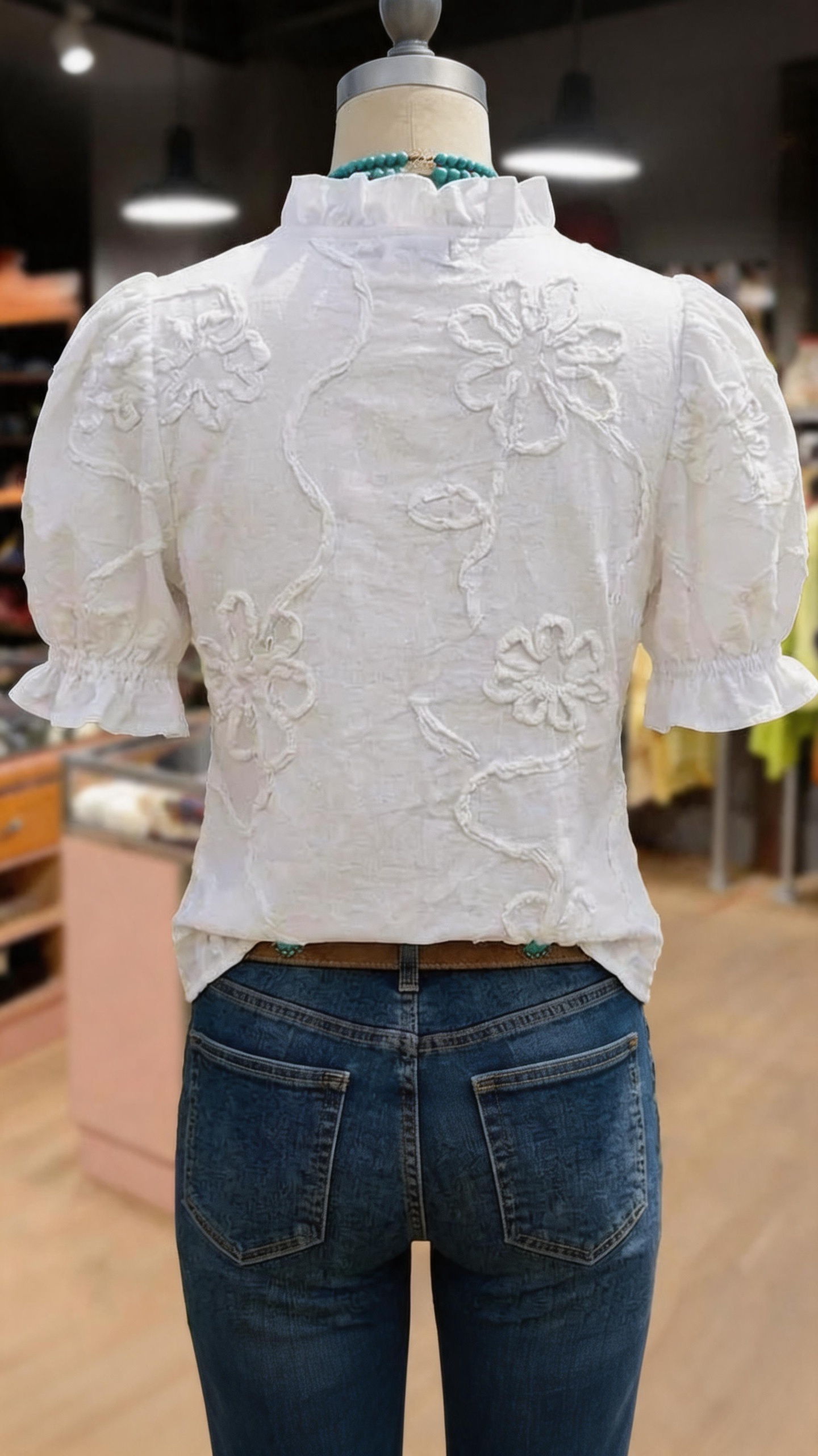 Flower Embroidered Ruffle Neck Puff Sleeve Cotton Top