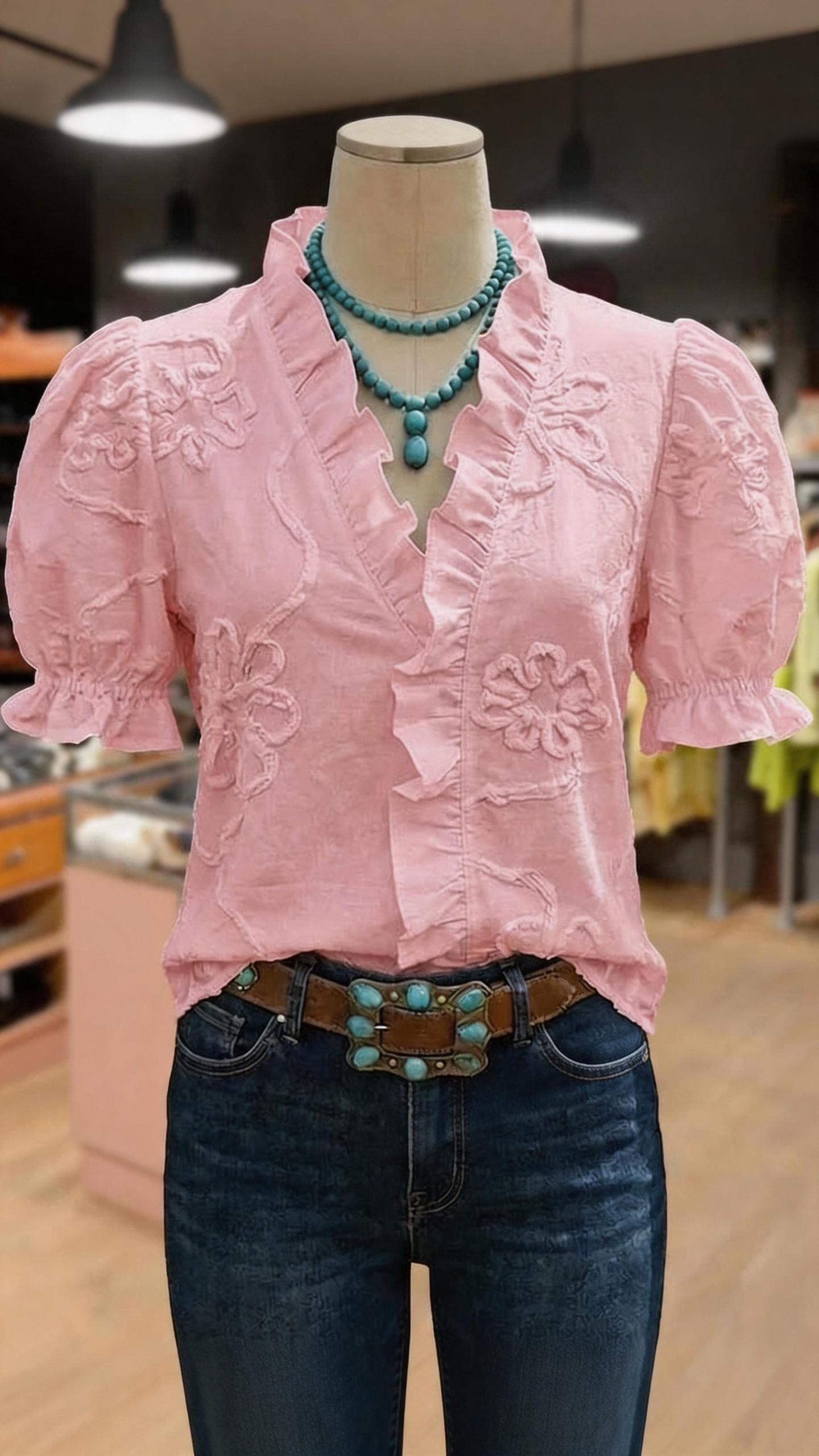 Flower Embroidered Ruffle Neck Puff Sleeve Cotton Top