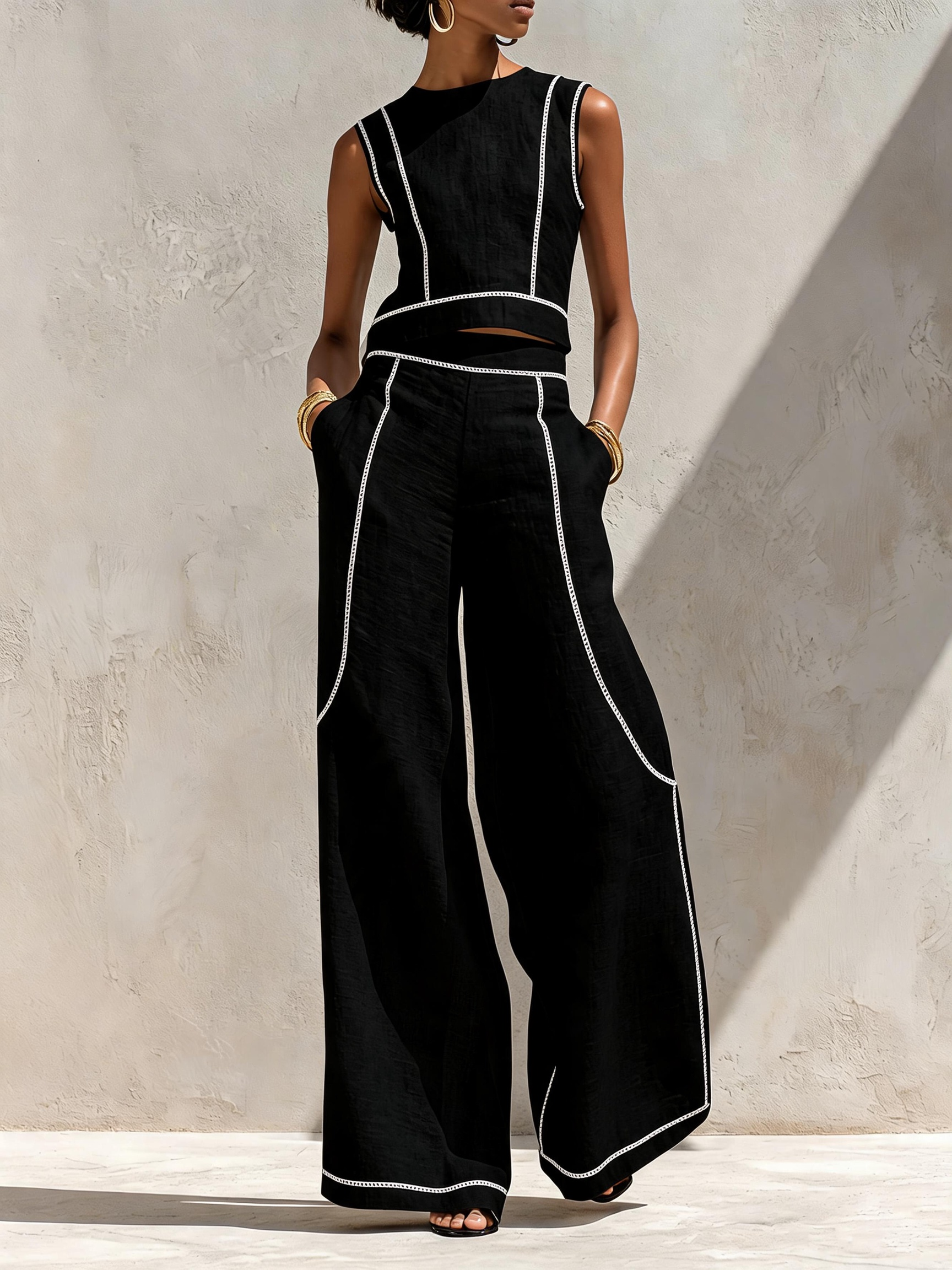 Women's Minimalist Linen-Blend Contrast-Stitched Blouse & Wide-Leg Pants Set