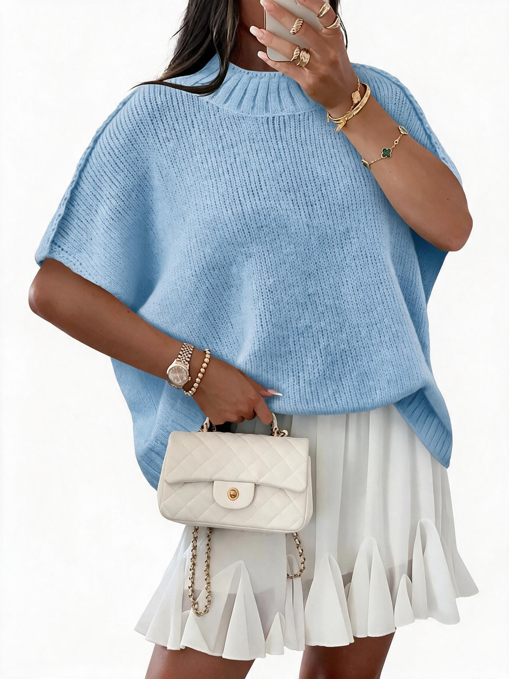 Women's Oversized Batwing Sleeve Ribbed Knit Mock Neck Sweater