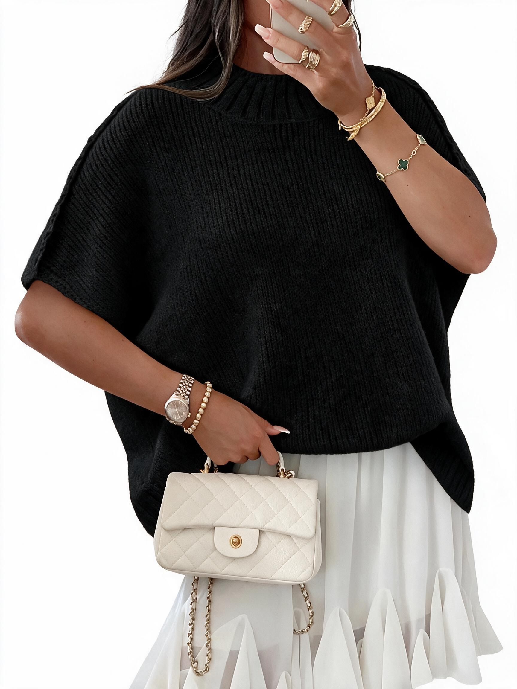 Women's Oversized Batwing Sleeve Ribbed Knit Mock Neck Sweater