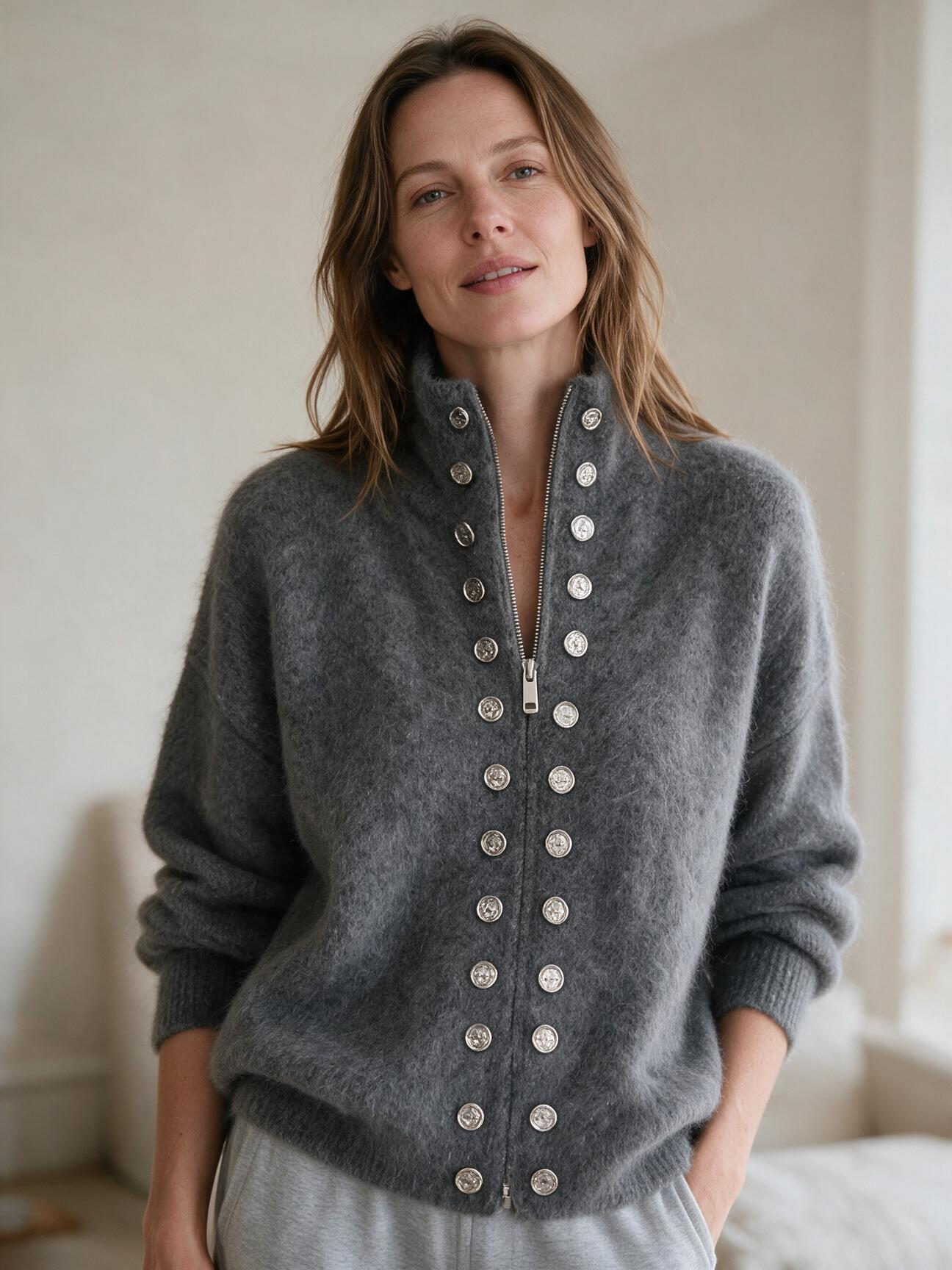 Women's Stand Collar Double-Breasted Zipper Knit Cardigan