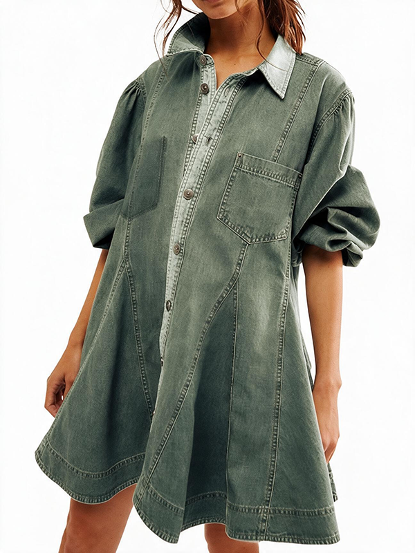 Women's Distressed Denim Button Down Tunic Shirt Dress