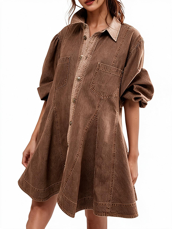 Women's Distressed Denim Button Down Tunic Shirt Dress