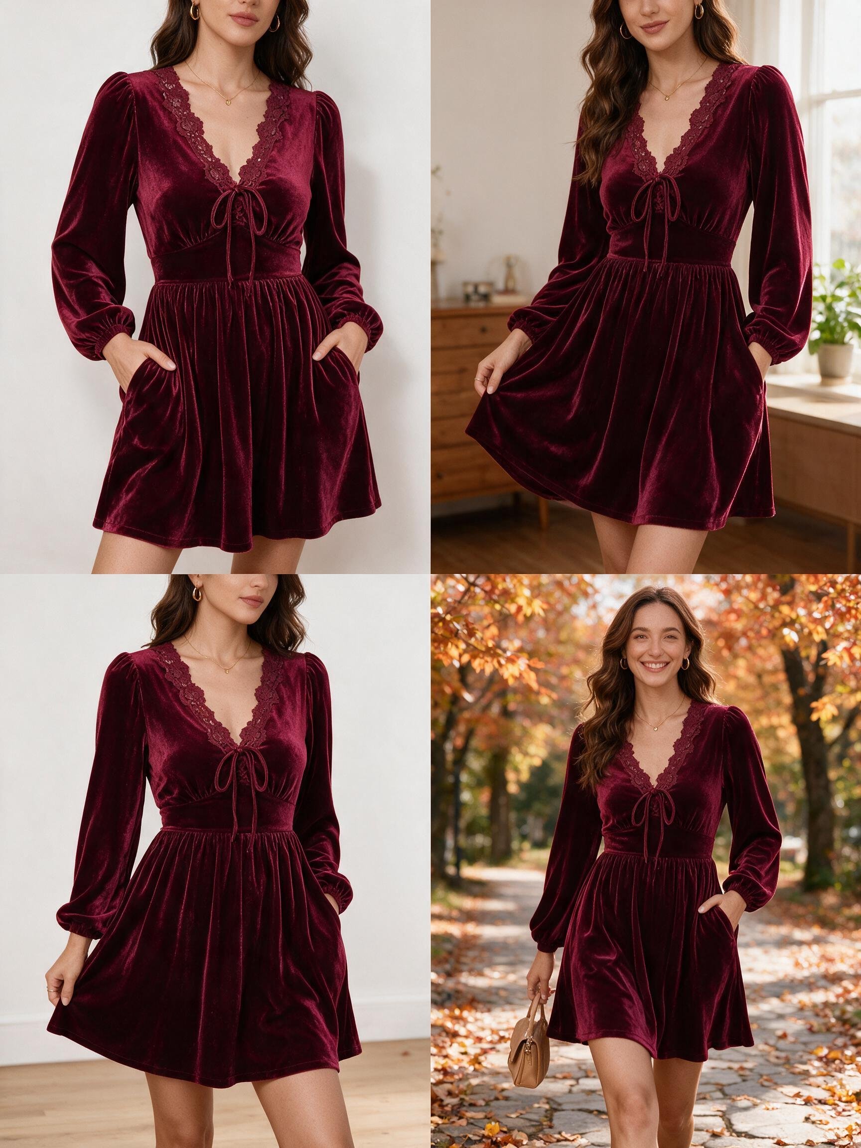 Women's Lace Trim Velvet Tie Front Mini Dress Long Sleeve A-Line Dress With Pockets