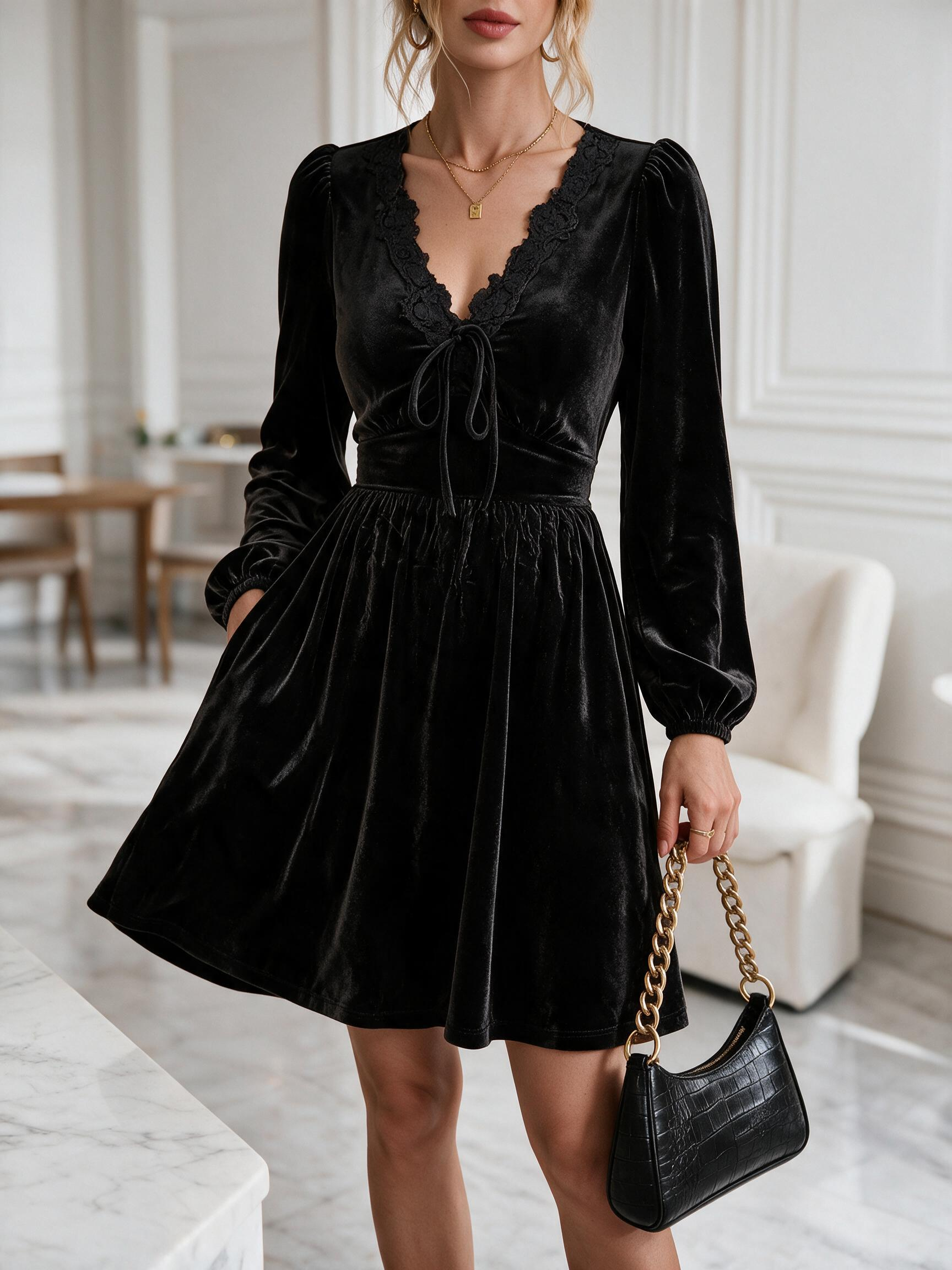 Women's Lace Trim Velvet Tie Front Mini Dress Long Sleeve A-Line Dress With Pockets