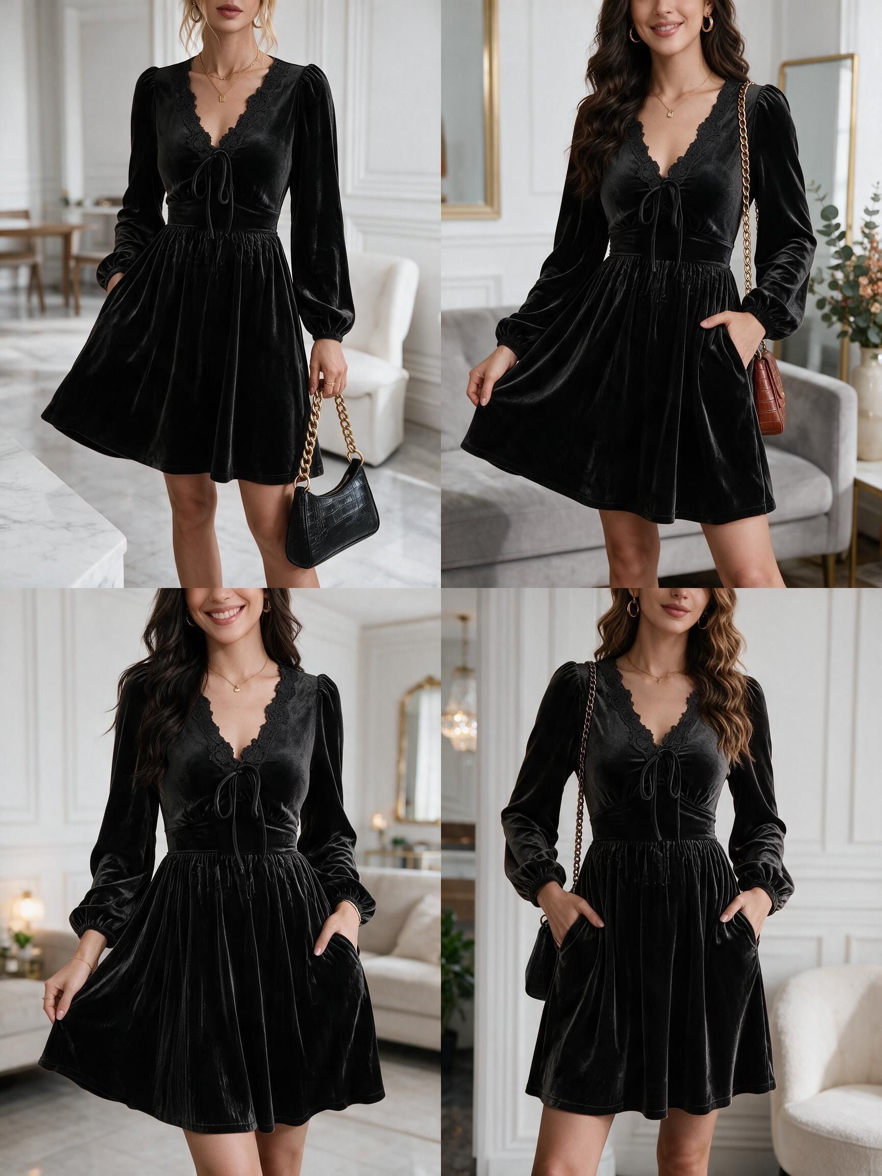 Women's Lace Trim Velvet Tie Front Mini Dress Long Sleeve A-Line Dress With Pockets