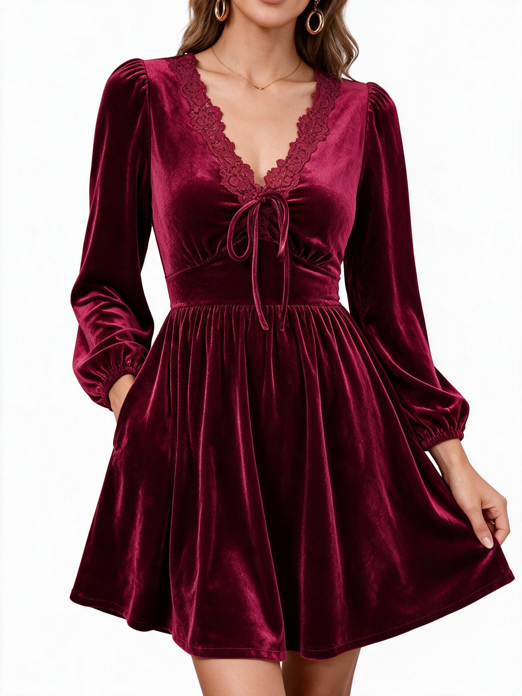 Women's Lace Trim Velvet Tie Front Mini Dress Long Sleeve A-Line Dress With Pockets