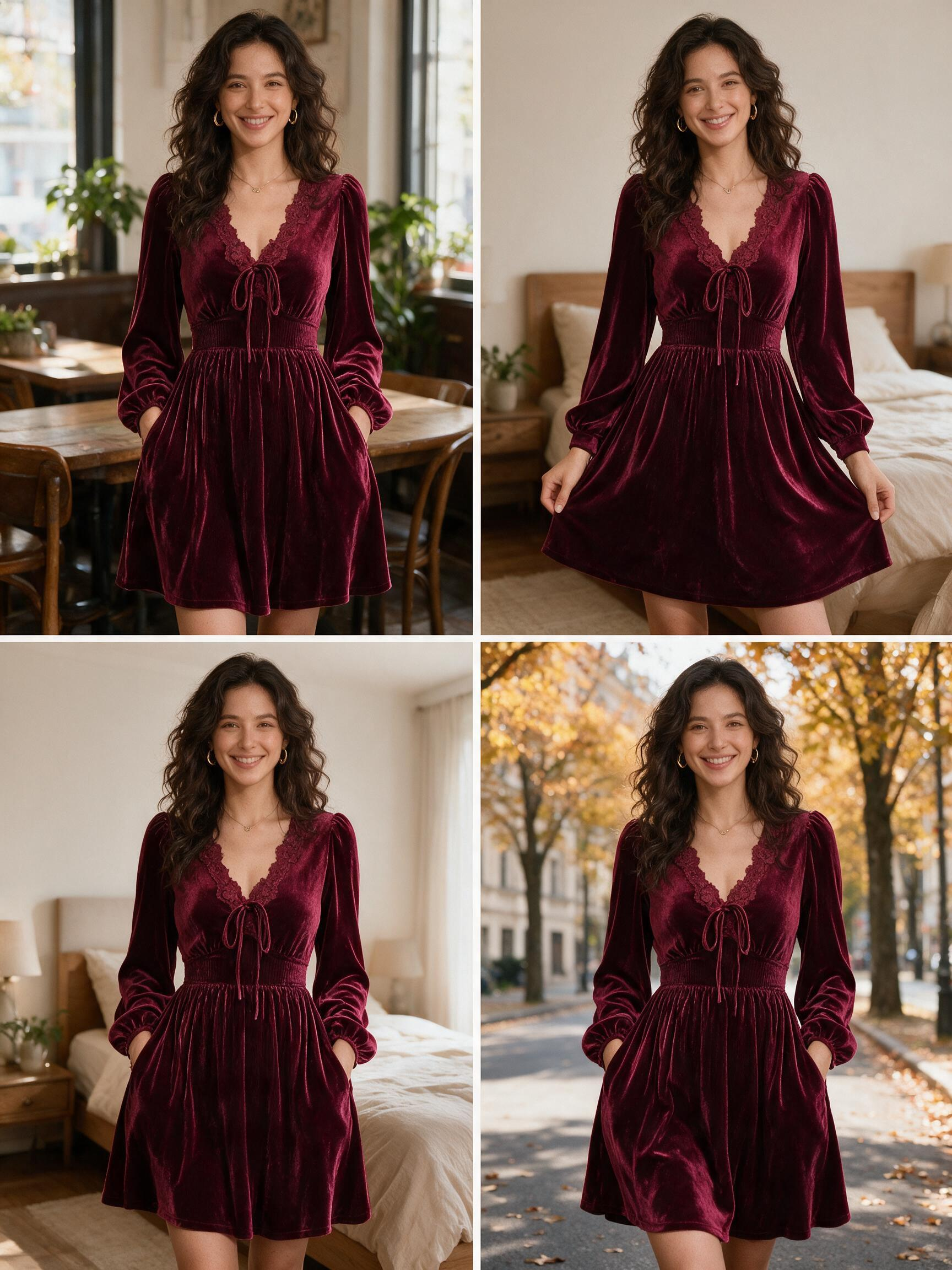 Women's Lace Trim Velvet Tie Front Mini Dress Long Sleeve A-Line Dress With Pockets