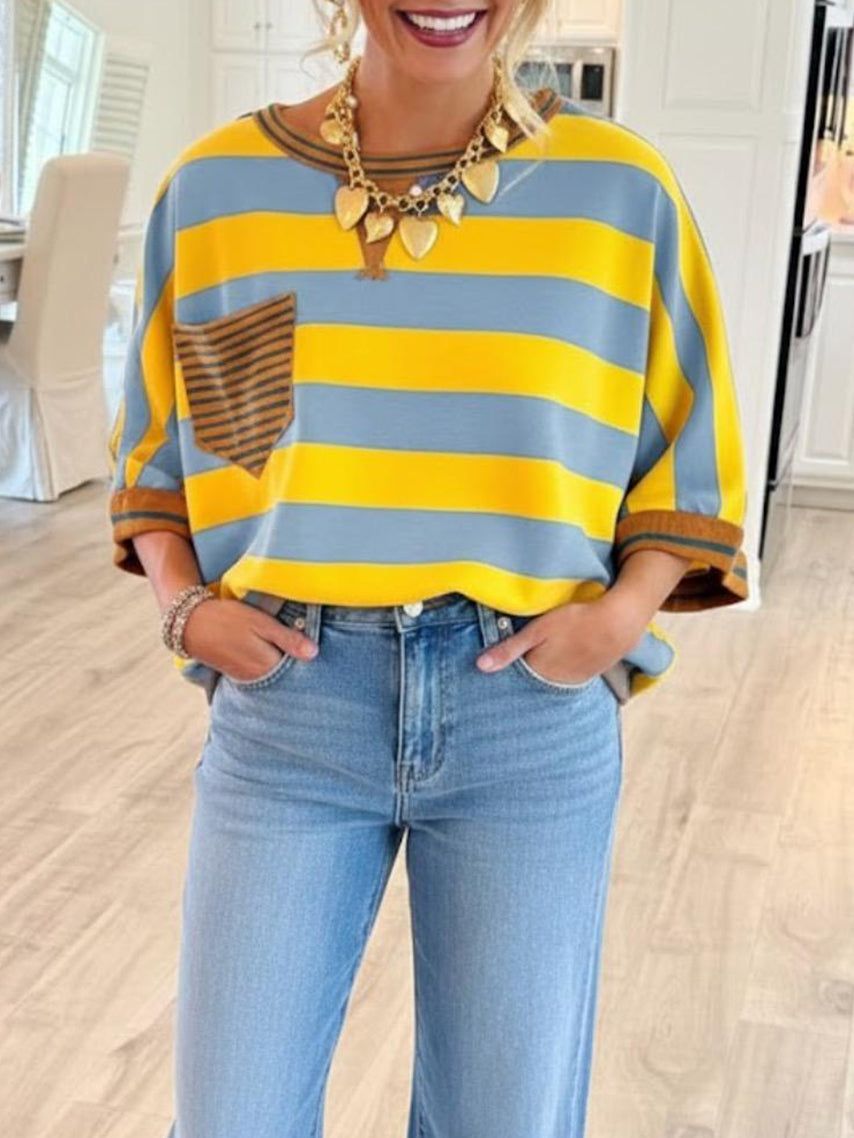 ⏰Hot Sale-Women's T-shirts Striped Drop Shoulder Pocket T-shirt