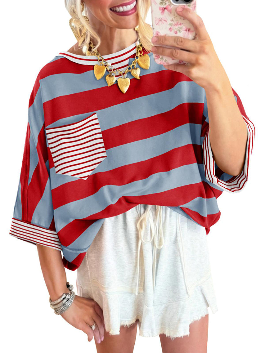 ⏰Hot Sale-Women's T-shirts Striped Drop Shoulder Pocket T-shirt