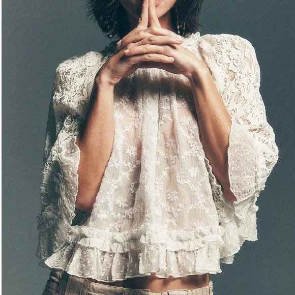 Boho Floral Semi Sheer Loose Fit Ruffle Hem Blouse