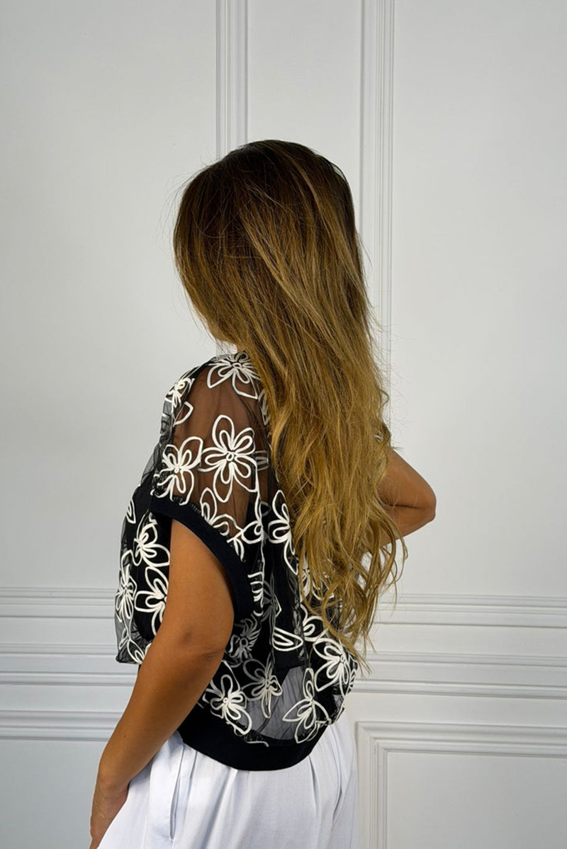 Embroidered round neck floral top (including vest)