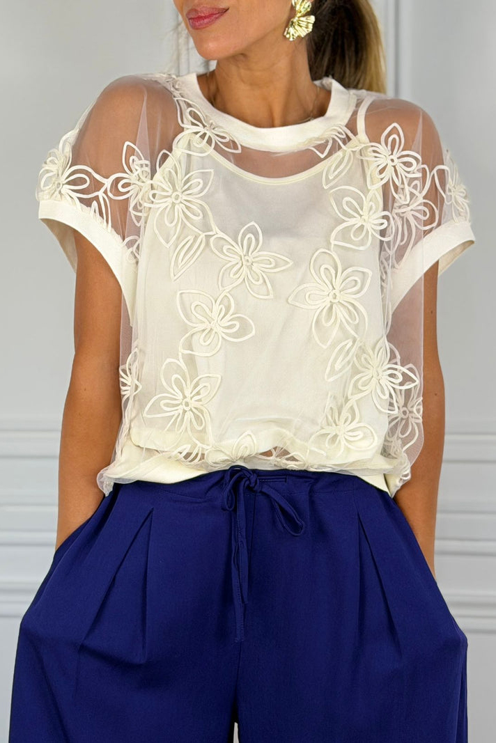 Embroidered round neck floral top (including vest)