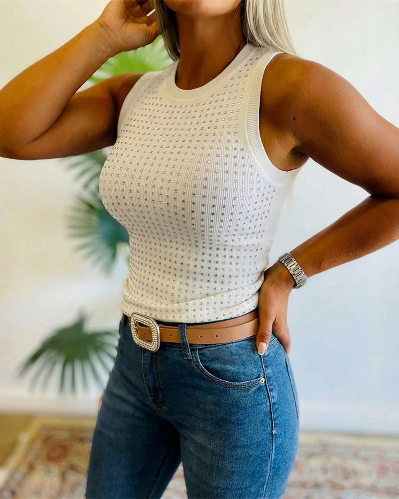 Rhinestone Decor O-neck Sleeveless Tee Slim Fit Ribbed Tank Top（BUY 2 FREE SHIPPING)