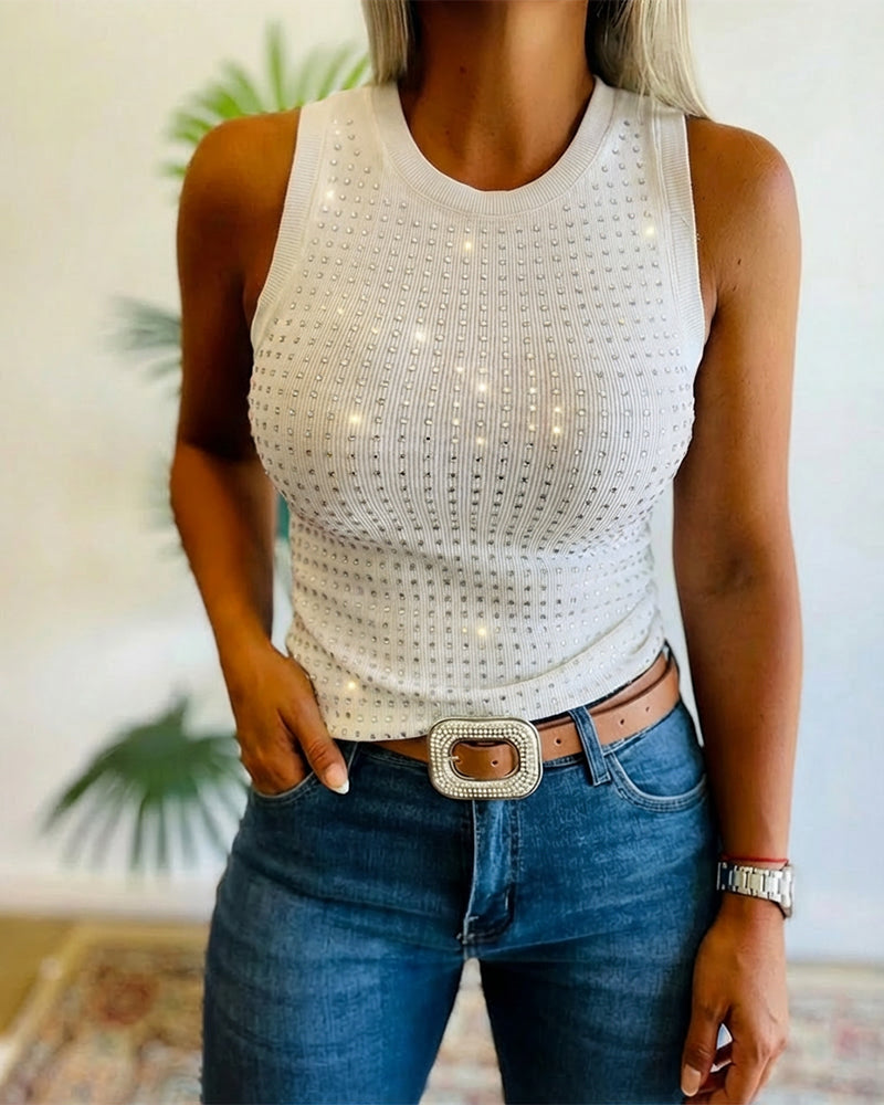 Rhinestone Decor O-neck Sleeveless Tee Slim Fit Ribbed Tank Top（BUY 2 FREE SHIPPING)