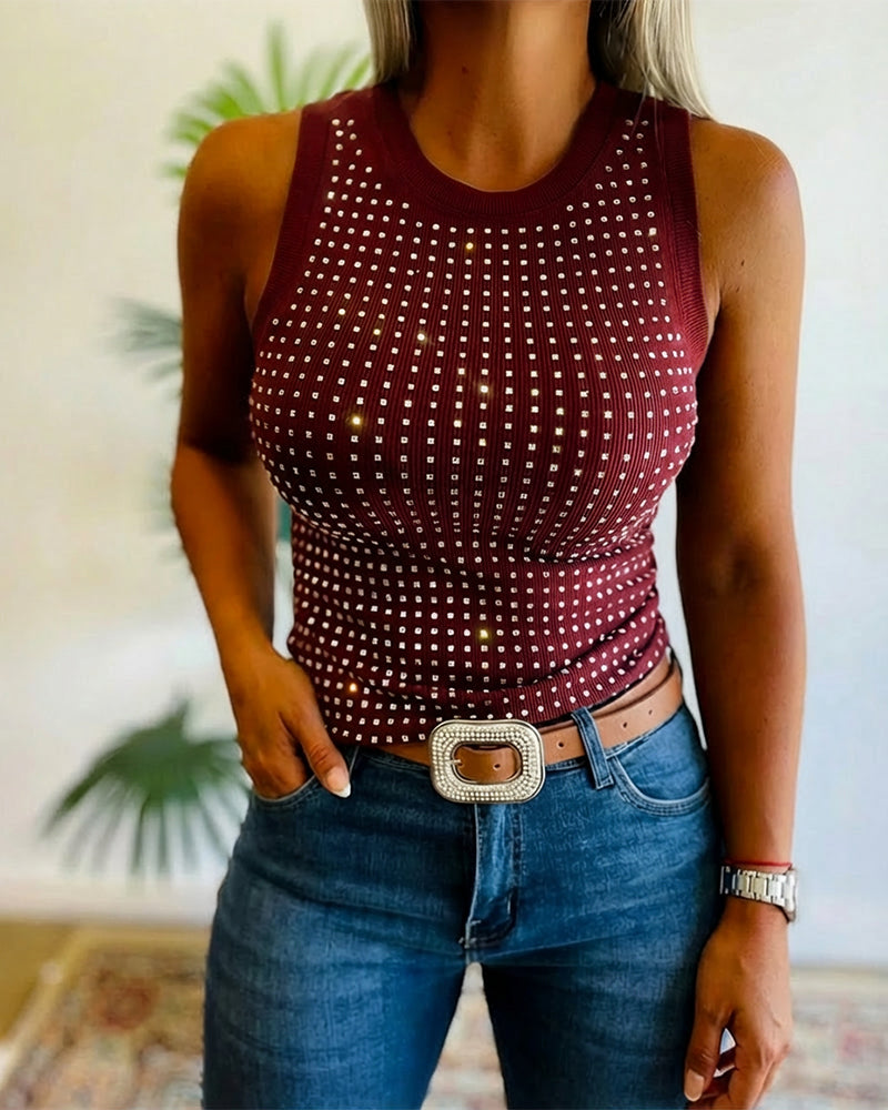 Rhinestone Decor O-neck Sleeveless Tee Slim Fit Ribbed Tank Top（BUY 2 FREE SHIPPING)